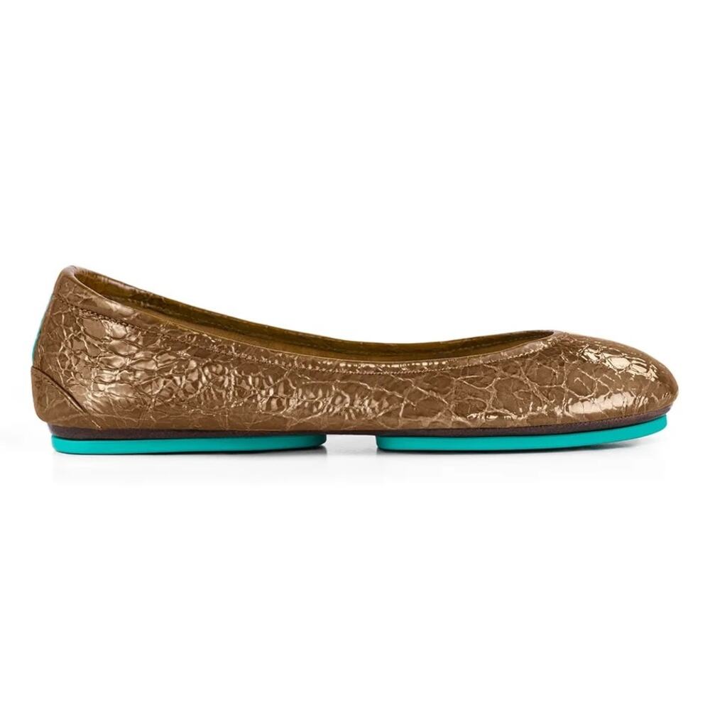 Brown Patent Faux-Croc Ballet Flat with Teal Sole